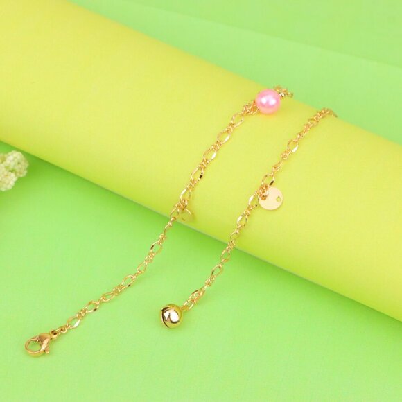 "Rose Gold Anklet with Pink Beads & Flower Charm, XPAL1168 - Picture 6 of 12